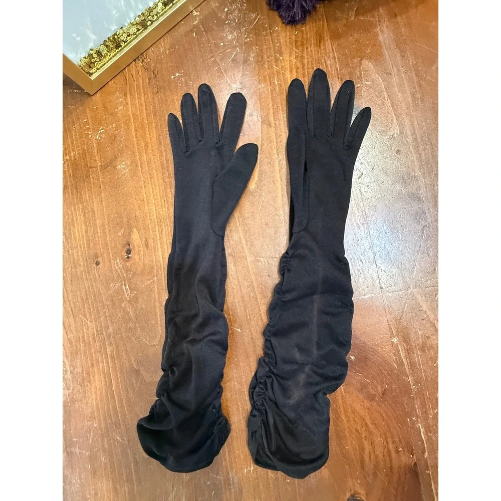 Vintage Black Opera Length Ruched Evening Gloves Matte Formal Wedding Costume